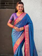 elegant blue silk saree with rich floral woven zari detailing