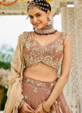 Premium beige satin silk wedding lehenga set with embroidery