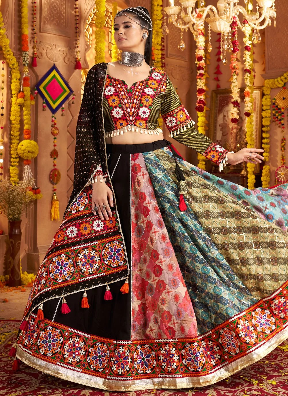Black Mirror Work Rayon Lehenga Choli for Garba Nights