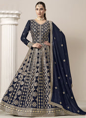 Graceful Blue Faux Georgette Anarkali Suit with Intricate Embroidery