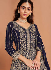 Blue Faux Georgette Embroidered Long Anarkali Suit with Dupatta