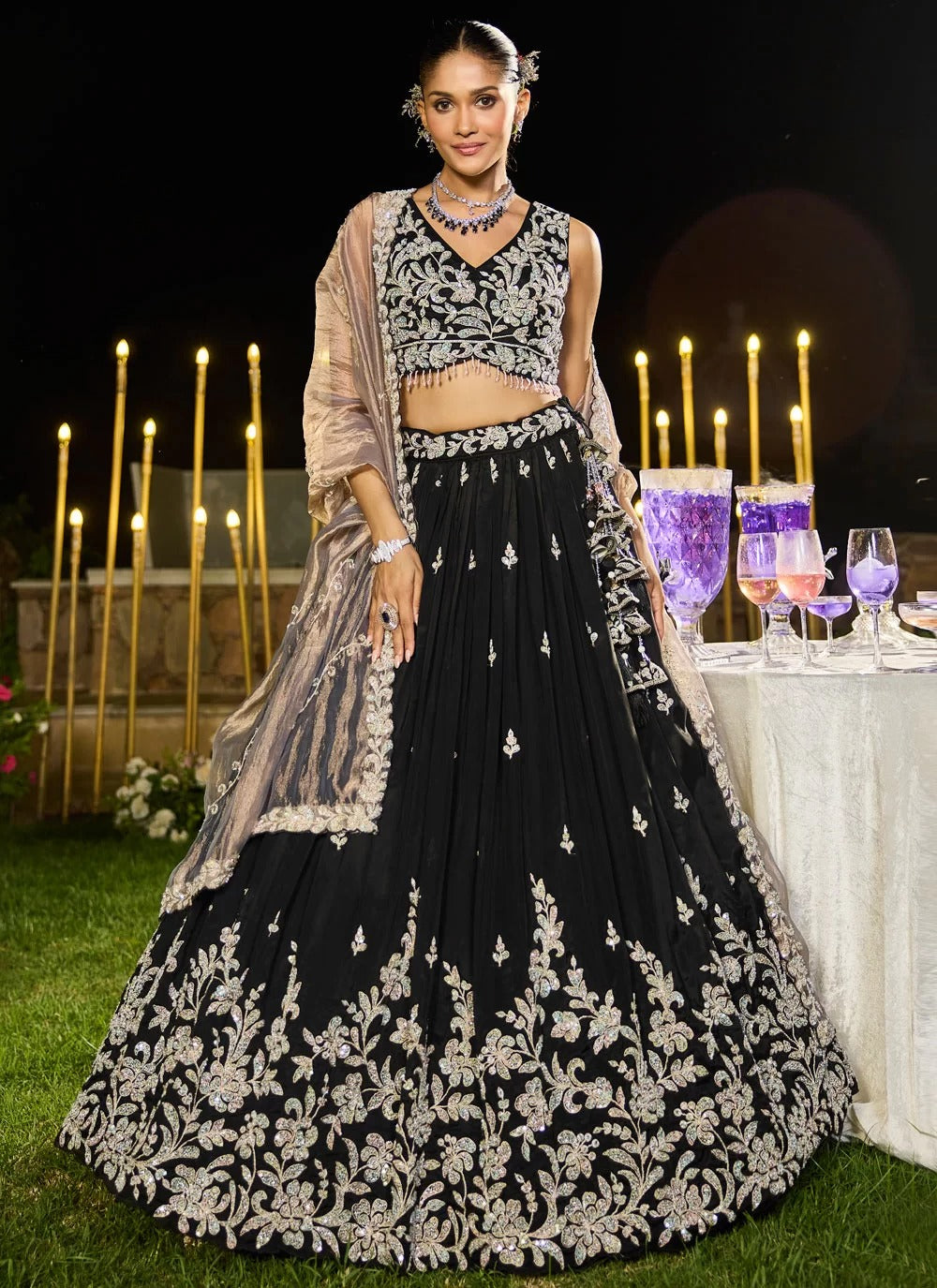 Captivating black satin silk embroidered lehenga choli with dupatta