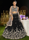 Captivating black satin silk embroidered lehenga choli with dupatta