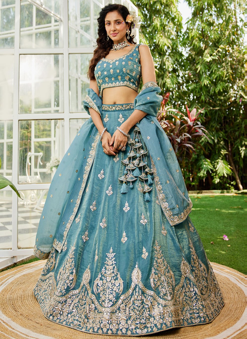Captivating Green Sequins & Moti Embroidered Organza Lehenga Choli With Dupatta