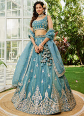 Captivating Green Sequins & Moti Embroidered Organza Lehenga Choli With Dupatta