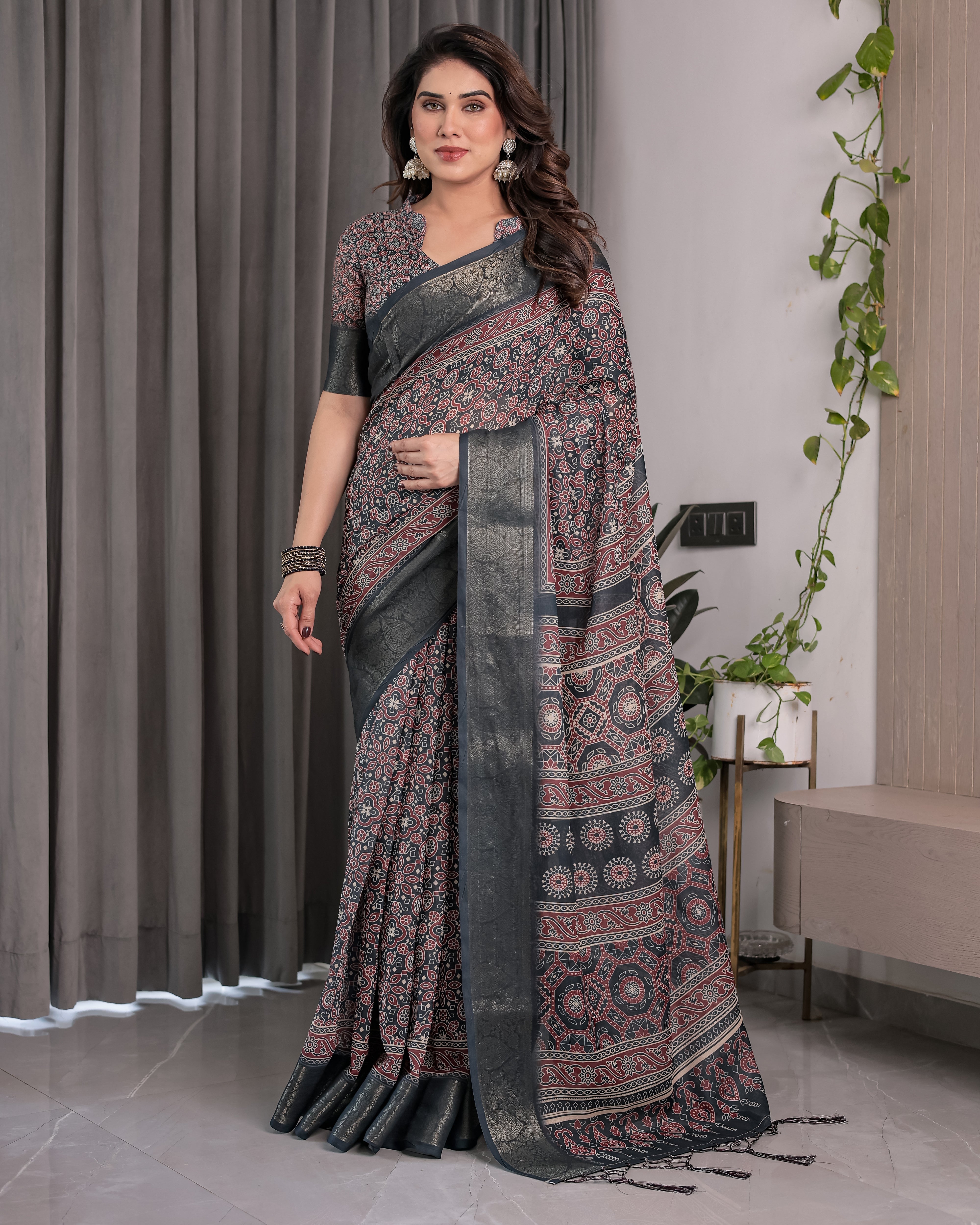 Charcoal Black Handloom Linen Saree with Ajrakh Print