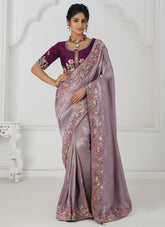 Charming Mauve Embroidered Dola Silk Saree for Traditional Wear