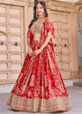Charming Red Chinnon Silk Embroidered Lehenga Choli for Engagement with Chiffon Dupatta