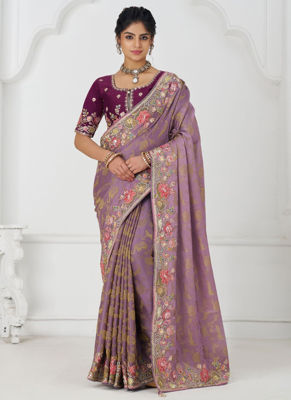 Chic Mauve Embroidered Dola Silk Saree with Contemporary Touch
