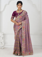 Chic Mauve Embroidered Dola Silk Saree with Contemporary Touch
