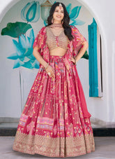 Chic Pink Multicolor Printed Chinnon Silk Embroidered Lehenga Choli with Chiffon Dupatta
