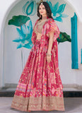 Pink Chinnon Silk Multicolor Printed Embroidered Lehenga Choli with Chiffon Dupatta