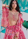 Pink Chinnon Silk Multicolor Printed Embroidered Lehenga Choli with Chiffon Dupatta