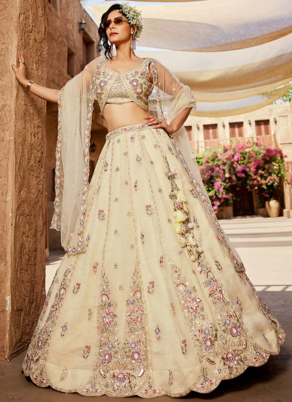 Bridal Cream Lehenga Choli with Pearl & Sequins Work for Wedding