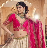 Designer Cream Lehenga with Hot Pink Blouse & Embroidered Dupatta - Gunj Fashion