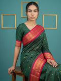 Bottle Green Premium Soft Silk Saree Gold Zari Woven Saree Contrast Pallu Festive Saree With Blouse