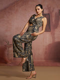 Black Partywear Pure Muslin Silk Printed Designer Jumpsuit