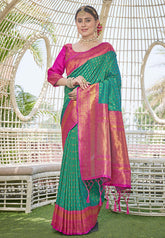 Green Contrast 1000 Butti Zari Woven Paithani Silk Saree