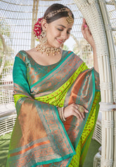 Bright Green Contrast 1000 Butti Zari Woven Paithani Silk Saree