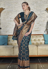 Deep Blue Banarasi Jaal Katan Silk Zari Woven Saree