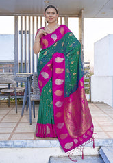 Green Soft Silk Contrast Zari Woven Saree