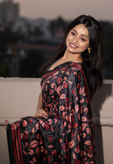 Black Kolam Silk Katha Printed Pushpa Saree