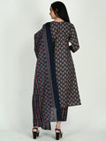 Navy Blue & Wine Cotton Blend Floral Block Printed Kurta & Pant With Dupatta