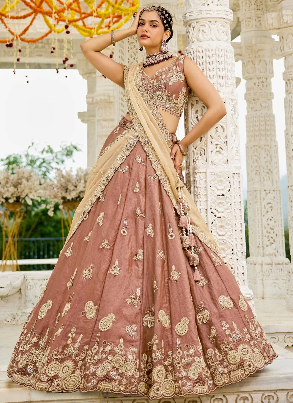 Beige satin silk embroidered bridal lehenga choli with dupatta