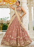 Beige satin silk embroidered bridal lehenga choli with dupatta