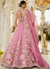 Designer bridal pink organza lehenga set with heavy embroidery and cutwork dupatta