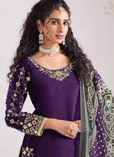 Elegant purple Roman silk mirror work Patiyala suit for women