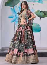 Black Chinnon Silk Partywear Lehenga Choli with Dori Embroidery and Chiffon Dupatta