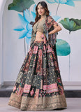 Black Chinnon Silk Partywear Lehenga Choli with Dori Embroidery and Chiffon Dupatta