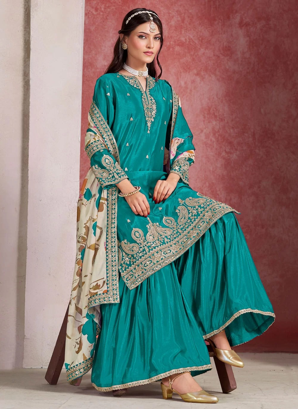 Green Chinon Silk Designer Palazzo Suit with Embroidery