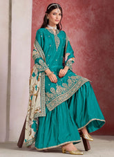 Green Chinon Silk Designer Palazzo Suit with Embroidery