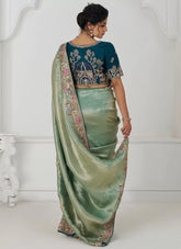 Elegant Green Embroidered Dola Silk Saree for Indian Weddings