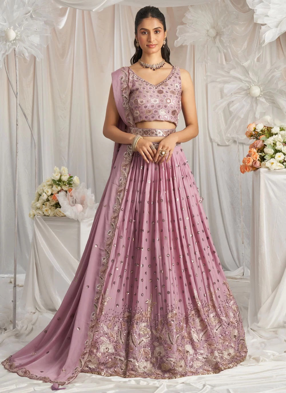 Elegant Lavender Embroidered Sangeet Lehenga in Poly Georgette with Sequins & Thread Work