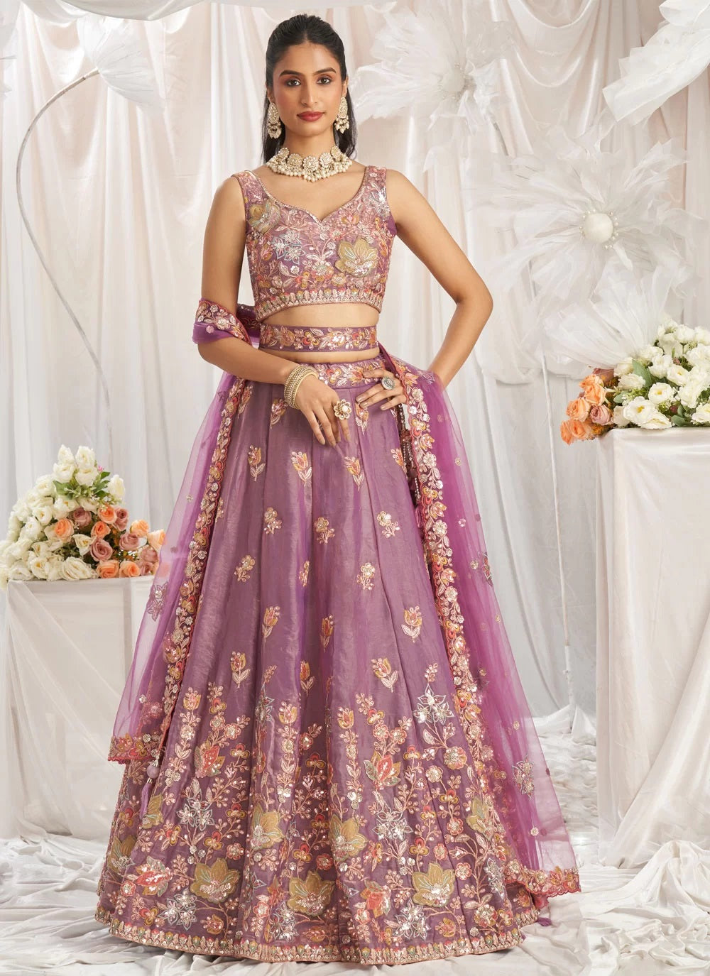 Elegant Lavender Sequins Zarkan Embroidered Organza Bridesmaid Lehenga Choli