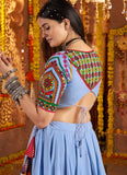 Light Blue Mirror and Thread Embroidered Viscose Cotton Navratri Chaniya Choli with Dupatta