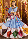 Light Blue Mirror and Thread Embroidered Viscose Cotton Navratri Chaniya Choli with Dupatta