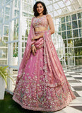 Elegant Pink Net Lehenga for Marriage with Sequins & Moti Embroidery