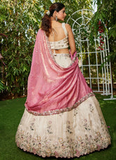 Pink Tissue Lehenga Choli with Green-Gold Embroidered Dupatta for Indian Parties