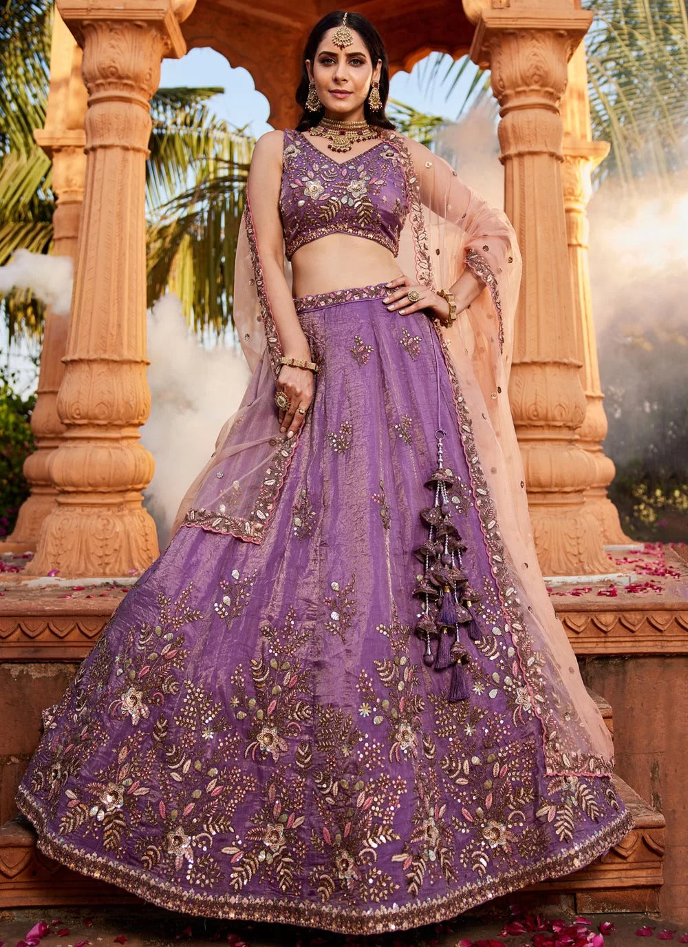 Elegant Purple Tissue Embroidered Lehenga Choli with Net Dupatta for Engagement Wear
