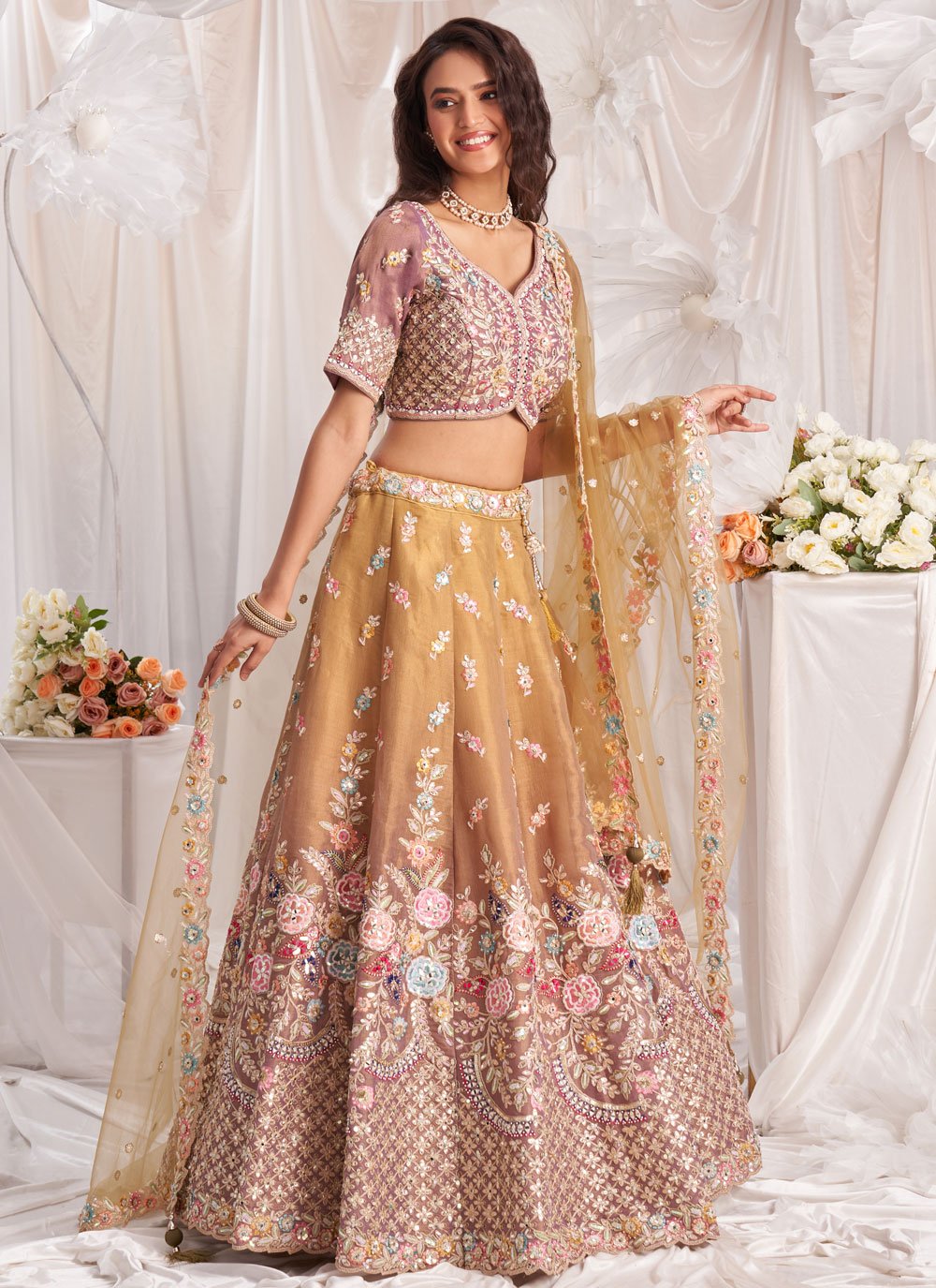 Elegant Rosegold Tissue Designer Lehenga with Gota Patti and Sequins Work
