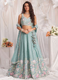 Elegant Seagreen Chiffon Reception Lehenga with Multicolor Sequins & Thread Embroidery
