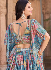 Sky Blue Chinnon Silk Party Wear Lehenga with Chiffon Dupatta and Embroidery