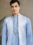 Elegant Sky Blue Mirror Work Koti Style Kurta Set for Men