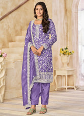 Elegant Violet Organza Gold Crush Salwar Kameez Set with Dupatta and Dull Santool Bottom