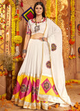 White Viscose Cotton Chaniya Choli with Thread Embroidery, Mirror Work, and Dupatta – Navratri Dress for Women 2025