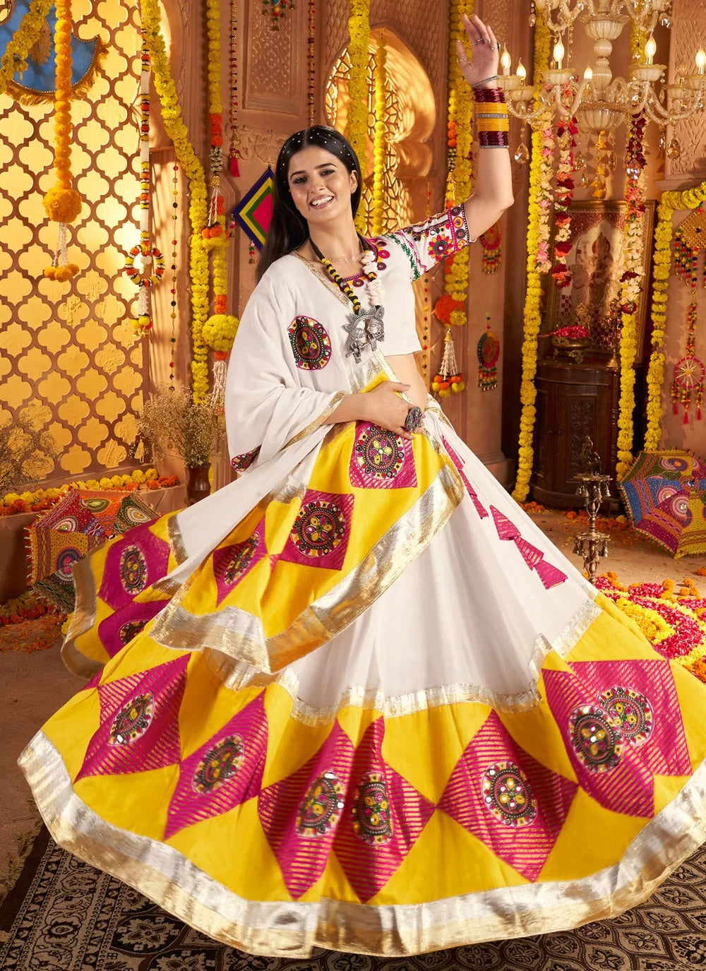 White Viscose Cotton Chaniya Choli with Thread Embroidery, Mirror Work, and Dupatta – Navratri Dress for Women 2025